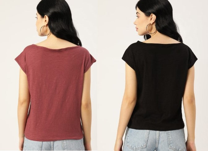 DressBerry Women Pack of 2 Solid Pure Cotton T-shirt (Size-S)