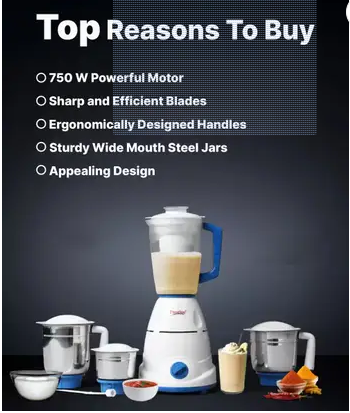 Prestige Plus 750W Juicer Mixer Grinder  (Prestige_Atlas | 4 Jars | Super-Efficient Stainless Steel Blades | Blue, White)