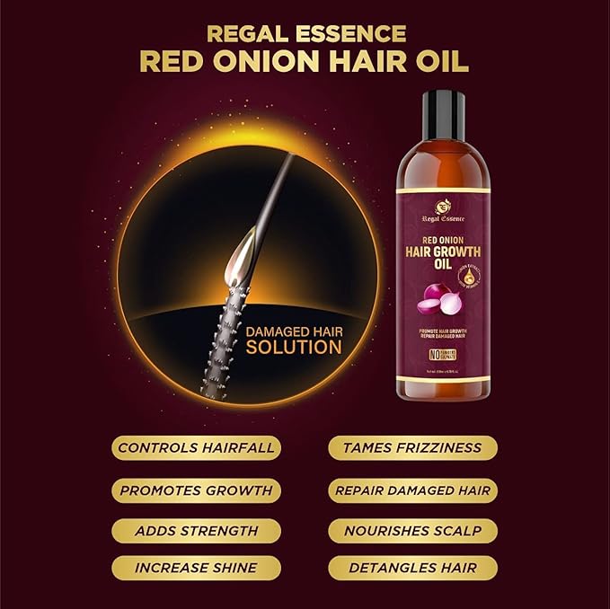 REGAL ESSENCE Red Onion Hair Growth Oil | Hair Oil for Dandruff | Onion Oil with Aloe Vera, Bhringraj, Hibiscus, Amla, Coconut, Neem & Brahmi | Hair Oil for Strong Hair | 200 ML (Pack Of 1)