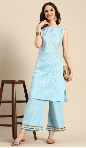Sangria Ethnic Motifs Foil Printed Straight Kurta with Trousers