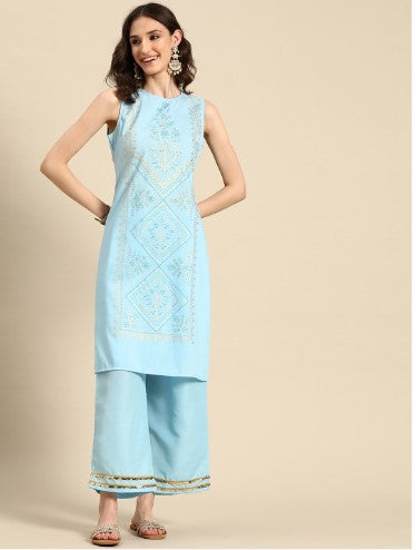 Sangria Ethnic Motifs Foil Printed Straight Kurta with Trousers