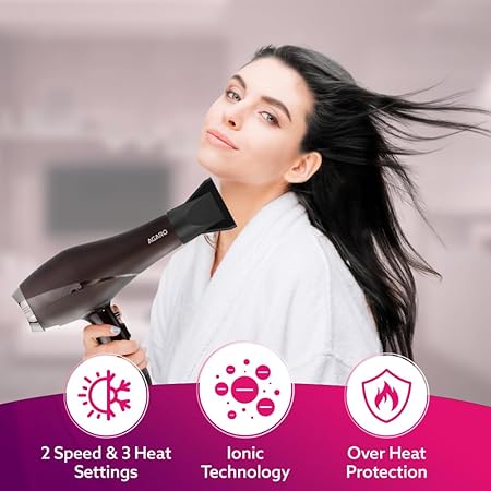 AGARO HD-1120 2000W AC Professional Hair Dryer with Comb, Concentrator & Diffuser Nozzles, Hot & Cold Air, 2 Speed & 3 Temperature Settings with Cool Shot, Hair Dryer & Blower for Men & Women