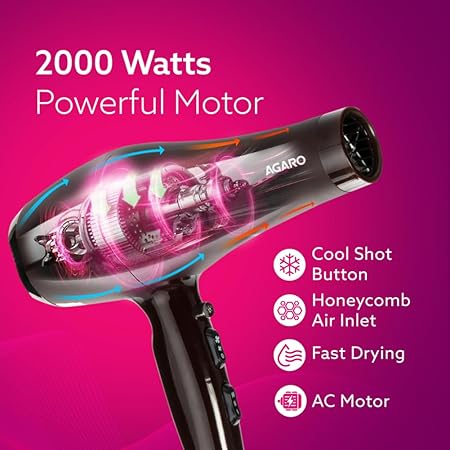AGARO HD-1120 2000W AC Professional Hair Dryer with Comb, Concentrator & Diffuser Nozzles, Hot & Cold Air, 2 Speed & 3 Temperature Settings with Cool Shot, Hair Dryer & Blower for Men & Women