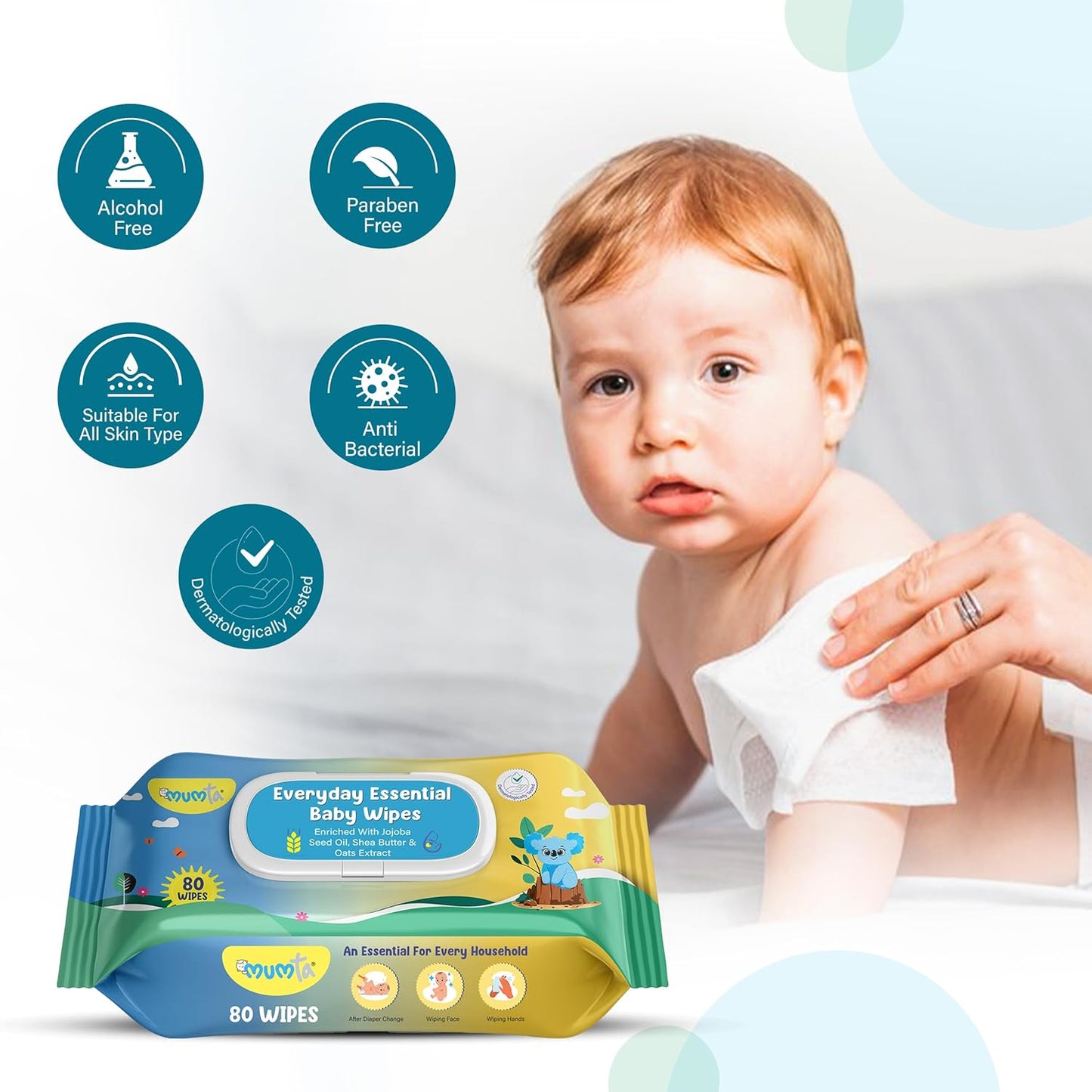 Mumta Everyday Essential Baby Wipes With Lid- 80 pc ( Pack of 5)