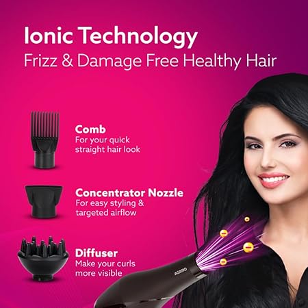 AGARO HD-1120 2000W AC Professional Hair Dryer with Comb, Concentrator & Diffuser Nozzles, Hot & Cold Air, 2 Speed & 3 Temperature Settings with Cool Shot, Hair Dryer & Blower for Men & Women