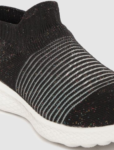Crew STREET Women Black Striped Shimmer Detail Slip-On Sneakers (Size-5)