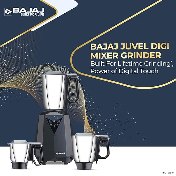 Bajaj Juvel Digi Mixer Grinder 800W | Duracut Blades | Pre-Set Menu | 3 Jars | Nutri-Pro Feature |  【Dark Grey