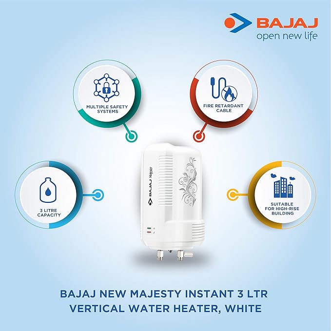 Bajaj New Majesty Instant 3 Litre, 3 KW Verical Water Heater (White)