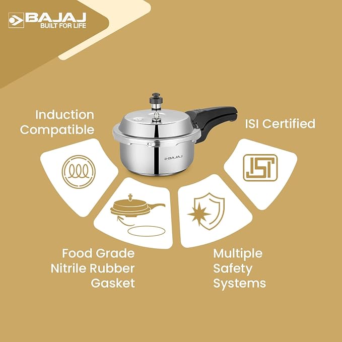 Bajaj PCX 2Ib SS 2 Litres Outer Lid Stainless Steel Pressure Cooker