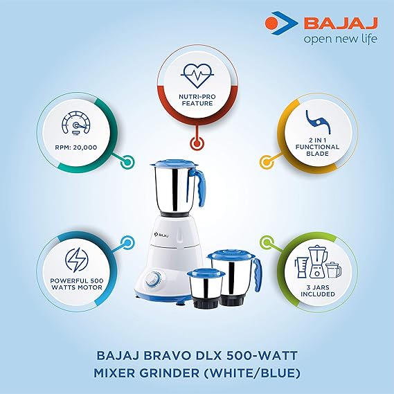 Bajaj Bravo DLX 500W Mixer Grinder | 2 In 1 Functional Blade | Nutri-Pro Feature | 3 Jars