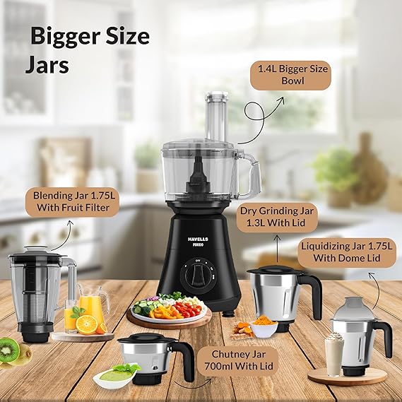 Havells Foodo 750 Watt Mixer Grinder with 5 Jars | Includes Food Processor Jar with Dual Pusher | 14-in-1 Functionality | Rust-Resistant 304 SS Blades | Storage Box |  (Black)
