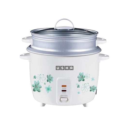 USHA RC18GS2 Steamer 700 Watt Automatic Rice Cooker 1.8 Litres with Powerful Heating Element, Keep Rice Warm for 5 Hrs, 2 Cooking Pans, Steamer, Trivet Plate & more accessories,  (White)