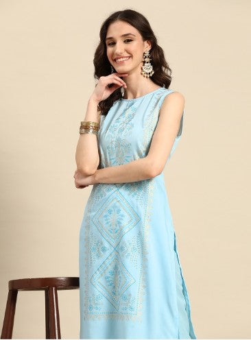 Sangria Ethnic Motifs Foil Printed Straight Kurta with Trousers